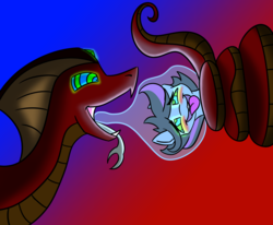Size: 4000x3300 | Tagged: safe, artist:askhypnoswirl, oc, oc only, oc:glacier wind, oc:shaw, lamia, original species, pony, ahegao, blushing, coiling, coils, fetish, hypnosis, kaa eyes, open mouth, soul vore, tongue out, vore