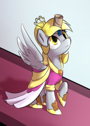 Size: 900x1250 | Tagged: safe, artist:klemm, derpy hooves, pegasus, pony, g4, alicorn costume, clothes, costume, cute, derpabetes, dress, duct tape, fake horn, female, food, looking up, mare, muffin, newbie artist training grounds, nightmare night costume, princess derpy, raised hoof, smiling, solo, toilet paper roll, toilet paper roll horn, twilight muffins