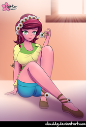 Size: 676x1000 | Tagged: safe, artist:clouddg, gloriosa daisy, equestria girls, g4, my little pony equestria girls: legend of everfree, breasts, busty gloriosa daisy, clothes, female, flower, flower in hair, looking at you, shorts, sitting, solo