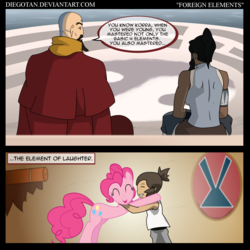 Size: 1880x1880 | Tagged: safe, artist:diegotan, pinkie pie, g4, comic, crossover, korra, tenzin, the legend of korra