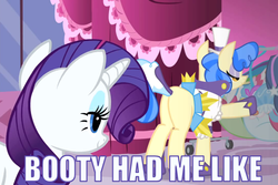 Size: 960x640 | Tagged: safe, edit, edited screencap, screencap, rarity, sapphire shores, pony, unicorn, g4, blank flank, booty had me like, butt, caption, eyes on the prize, female, looking at butt, mare, meme, plot, stare