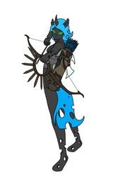 Size: 850x1200 | Tagged: safe, artist:linedraweer, oc, oc only, oc:vassil, changeling, changeling queen, anthro, unguligrade anthro, anthro oc, arrow, background removed, bow (weapon), bow and arrow, changeling queen oc, female, solo, weapon