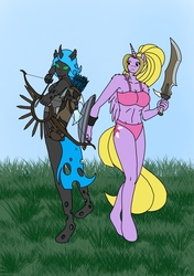 Size: 1039x1476 | Tagged: safe, artist:linedraweer, oc, oc only, oc:vassil, alicorn, changeling, changeling queen, anthro, unguligrade anthro, alicorn oc, anthro oc, arrow, bow (weapon), bow and arrow, changeling queen oc, female, shield, small head, sword, weapon