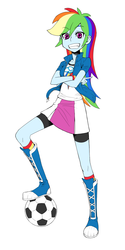 Size: 1500x3000 | Tagged: safe, artist:jud, rainbow dash, human, equestria girls, g4, ball, boots, clothes, cute, dashabetes, female, football, jacket, looking at you, pixiv, shirt, shoes, simple background, skirt, smiling, solo, white background, wristband
