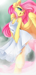 Size: 2000x4100 | Tagged: safe, artist:madacon, fluttershy, pegasus, semi-anthro, g4, bedroom eyes, clothes, colored pupils, cute, dress, ear fluff, eyelashes, female, fluffy, marilyn monroe, one eye closed, open mouth, raised leg, shyabetes, smiling, solo, spread wings, spring dress, summer dress, sundress, the seven year itch, white dress, wind, wink