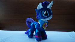 Size: 5456x3064 | Tagged: safe, artist:egalgay, radiance, rarity, g4, power ponies (episode), handmade, irl, photo, plushie, power ponies, solo, toy