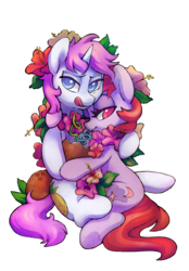 Size: 3018x4327 | Tagged: safe, artist:dawnfire, oc, oc only, oc:dawnfire, oc:marshmallow crisp, pony, unicorn, bedroom eyes, coconut, coconut cup, colored pupils, drink, drinking, duo, female, flower, food, gift art, hug, lesbian, licking, licking lips, looking at you, mare, simple background, snuggling, tongue out, transparent background