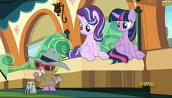 Size: 2527x1431 | Tagged: safe, screencap, spike, starlight glimmer, twilight sparkle, alicorn, pony, g4, the times they are a changeling, clothes, cute, disguise, hat, sitting, trenchcoat, twilight sparkle (alicorn)