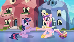 Size: 2475x1395 | Tagged: safe, screencap, princess cadance, twilight sparkle, alicorn, pony, g4, the times they are a changeling, duo, sisters-in-law, sunshine sunshine, twilight sparkle (alicorn)