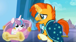 Size: 2519x1423 | Tagged: safe, screencap, princess flurry heart, sunburst, pony, g4, the times they are a changeling, baby, baby bottle, baby pony, cradle, discovery family, discovery family logo, duo, female, filly, foal, glowing, glowing horn, horn, logo, magic, male, stallion, telekinesis