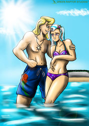 Size: 1024x1447 | Tagged: safe, artist:pete-da-graptor, prince blueblood, trixie, human, g4, abs, barrel chest, barrelchest blueblood, beach, belly button, bikini, blushing, breasts, busty trixie, clothes, female, humanized, male, ship:bluetrix, shipping, straight, swimsuit