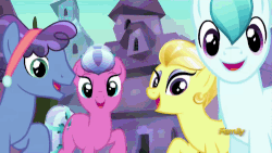 Size: 500x281 | Tagged: safe, screencap, amber waves, atticus, crystal arrow, crystal beau, elbow grease, golden glitter, paradise (g4), crystal pony, pony, g4, the times they are a changeling, adorable waves, animated, background pony, cute, discovery family logo, female, male, mare, stallion