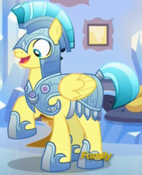 Size: 398x489 | Tagged: safe, screencap, radiant gold, crystal pony, pegasus, pony, g4, the times they are a changeling, armor, cropped, crystal guard, crystal guard armor, helmet, hoof shoes, male, pegasus royal guard, royal guard, solo, stallion