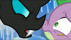 Size: 2527x1439 | Tagged: safe, screencap, spike, thorax, changeling, g4, the times they are a changeling, best friends, boop, fangs, frown, glare, nose wrinkle, noseboop, open mouth, wide eyes