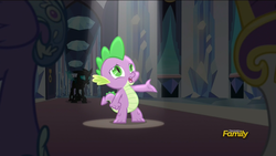 Size: 1920x1080 | Tagged: safe, screencap, shining armor, spike, thorax, changeling, g4, the times they are a changeling, a changeling can change, royal guard, singing, spotlight