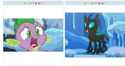 Size: 572x304 | Tagged: safe, screencap, spike, thorax, changeling, derpibooru, g4, the times they are a changeling, juxtaposition, juxtaposition win, meme, meta