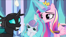 Size: 1920x1080 | Tagged: safe, screencap, princess cadance, princess flurry heart, thorax, changeling, pony, g4, the times they are a changeling, baby, baby blanket, baby pony, bedroom eyes, blanket, faic, magic, mid-blink screencap, safety pin, swaddling