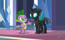 Size: 2560x1600 | Tagged: safe, artist:mysticalpha, spike, thorax, changeling, dragon, g4, the times they are a changeling, duo, male, scene interpretation