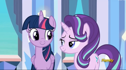 Size: 2511x1407 | Tagged: safe, screencap, starlight glimmer, twilight sparkle, alicorn, pony, g4, the times they are a changeling, duo, duo female, female, twilight sparkle (alicorn)