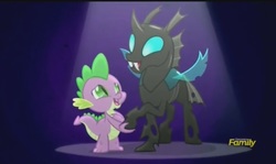 Size: 1123x671 | Tagged: safe, screencap, spike, thorax, changeling, g4, the times they are a changeling, discovery family logo