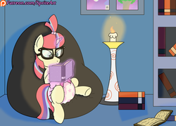 Size: 1400x1000 | Tagged: safe, artist:spritepony, moondancer, g4, adult foal, beanbag chair, book, candle, diaper, female, moondiaper, night, non-baby in diaper, patreon, patreon logo, poofy diaper, reading, solo