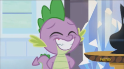 Size: 458x256 | Tagged: safe, screencap, spike, g4, the times they are a changeling, discovery family logo, fangs, male, smiling, solo