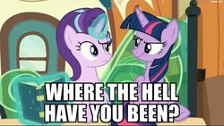 Size: 2531x1427 | Tagged: safe, edit, edited screencap, screencap, starlight glimmer, twilight sparkle, alicorn, pony, g4, the times they are a changeling, caption, image macro, meme, no-showlight glimmer, twilight sparkle (alicorn)