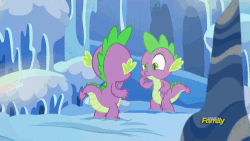 Size: 500x281 | Tagged: safe, screencap, spike, thorax, changeling, dragon, g4, the times they are a changeling, animated, butt, discovery family logo, disguise, disguised changeling, male, mirror impersonation, mirror routine, reflection, silly face, slipping