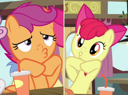 Size: 744x553 | Tagged: safe, screencap, apple bloom, scootaloo, sweetie belle, pony, g4, twilight time, applehorse, duckface