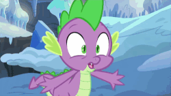 Size: 500x281 | Tagged: safe, screencap, spike, g4, the times they are a changeling, animated, discovery family logo, male, reaction image, screaming, solo, sweat