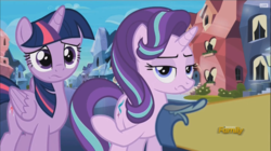 Size: 916x512 | Tagged: safe, screencap, starlight glimmer, twilight sparkle, alicorn, pony, g4, the times they are a changeling, discovery family logo, twilight sparkle (alicorn), unamused