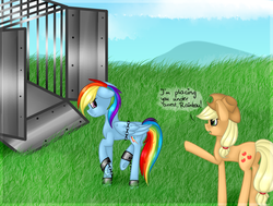 Size: 1962x1485 | Tagged: safe, artist:pralina157, applejack, rainbow dash, g4, arrested, bound wings, cage, chains, cuffs, prisoner rd, shackles