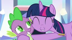 Size: 1230x688 | Tagged: safe, screencap, spike, twilight sparkle, alicorn, pony, g4, the times they are a changeling, discovery family logo, hug, spikelove, twilight sparkle (alicorn)