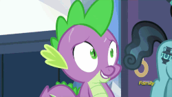 Size: 500x281 | Tagged: safe, screencap, crystal hoof, spike, thorax, changeling, dragon, g4, the times they are a changeling, animated, crystal hoof didn't listen, derp, discovery family logo, disguise, disguised changeling, laughing, seems legit, sweat