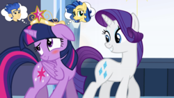 Size: 1920x1080 | Tagged: safe, edit, edited screencap, screencap, flash sentry, rarity, twilight sparkle, oc, oc:milky way, pony, equestria girls, g4, bedroom eyes, big crown thingy, bisexual, blushing, canon x oc, duckface, element of magic, female, floppy ears, frown, grin, jewelry, lesbian, love triangle, male, mare, milky sparkle, regalia, ship:flashlight, shipping, smiling, squee, straight, thought bubble, twilight sparkle (alicorn)