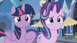 Size: 916x512 | Tagged: safe, screencap, starlight glimmer, twilight sparkle, alicorn, pony, g4, the times they are a changeling, :s, confused, counterparts, discovery family logo, looking at each other, twilight sparkle (alicorn), wavy mouth