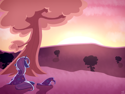 Size: 1280x960 | Tagged: safe, artist:suenden-hund, trixie, pony, unicorn, g4, female, floppy ears, mare, scenery, solo, tree