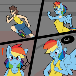 Size: 1000x1000 | Tagged: safe, artist:koportable, rainbow dash, anthro, g4, breasts, cleavage, clothes, comic, female, glasses, glasses off, human to anthro, human to pony, male, male to female, rule 63, running, shorts, solo, tank top, transformation, transgender transformation