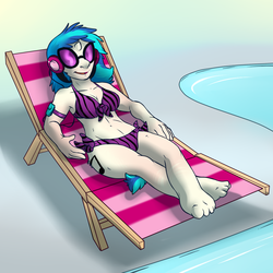 Size: 1000x1000 | Tagged: safe, artist:aggrobadger, dj pon-3, vinyl scratch, anthro, plantigrade anthro, g4, barefoot, belly button, bikini, clothes, feet, human to anthro, human to pony, solo, swimming pool, swimsuit, transformation