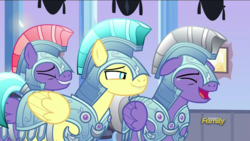 Size: 1280x720 | Tagged: safe, screencap, amethyst stone, radiant gold, ruby armor, crystal pony, pegasus, pony, g4, the times they are a changeling, armor, crystal guard, crystal guard armor, laughing, lip bite, male, stallion
