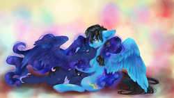 Size: 3840x2160 | Tagged: safe, artist:chocori, princess luna, oc, oc:lightning crash, g4, canon x oc, commission, eyes closed, high res, hug, shipping, sleeping