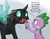 Size: 3300x2550 | Tagged: safe, artist:silfoe, spike, thorax, changeling, dragon, g4, season 6, the times they are a changeling, alternate ending, dialogue, fangs, forked tongue, frown, glare, grabbing, high res, hissing, long tongue, male, open mouth, spike is not amused, tongue holding, tongue out, unamused, wide eyes