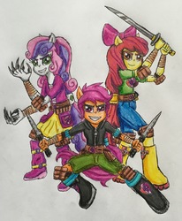 Size: 1991x2413 | Tagged: safe, artist:bozzerkazooers, apple bloom, scootaloo, sweetie belle, equestria girls, g4, balisong, boots, claws, cutie mark crusaders, ninja, ponied up, shoes, sword, traditional art, weapon
