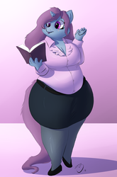 Size: 1204x1821 | Tagged: safe, artist:093, oc, oc only, oc:plump pumpkin, unicorn, anthro, anthro oc, bbw, book, breasts, chubby, cleavage, clothes, fat, female, glasses, solo, teacher