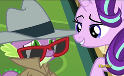 Size: 768x474 | Tagged: safe, screencap, spike, starlight glimmer, dragon, pony, unicorn, g4, season 6, the times they are a changeling, disguise, duo, duo male and female, female, horn, male, out of context, raised eyebrow, wingless spike