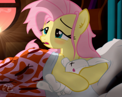 Size: 2000x1600 | Tagged: safe, artist:ponyecho, part of a set, fluttershy, pegasus, pony, g4, bed, bed hair, blanket, blushing, crepuscular rays, cute, ear fluff, female, holding, lidded eyes, mare, messy mane, morning ponies, open mouth, pillow, plushie, ponyecho is trying to murder us, show accurate, shyabetes, sleepy, solo, stray strand, sunrise, sweet dreams fuel, window