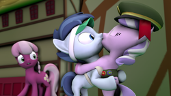 Size: 3840x2160 | Tagged: safe, artist:viranimation, cheerilee, diamond tiara, shady daze, earth pony, pony, g4, 3d, colt, cute, duo focus, female, filly, filly guides, foal, high res, hoof polish, kiss on the lips, kissing, making out, male, mare, nail polish, shadytiara, shipping, source filmmaker, straight
