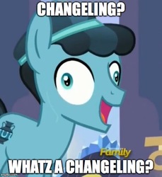 Size: 500x546 | Tagged: safe, edit, edited screencap, screencap, crystal hoof, thorax, changeling, g4, the times they are a changeling, caption, crystal hoof didn't listen, discovery family logo, disguise, disguised changeling, faic, image macro, meme, most definitely not a changeling