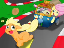 Size: 1200x900 | Tagged: safe, artist:periodicbrony, angel bunny, applejack, fluttershy, g4, chase, driving, hatless, missing accessory, psychoshy, road, running, trio, tuk tuk