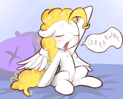 Size: 1280x1024 | Tagged: safe, artist:fearingfun, surprise, pegasus, pony, g1, g4, adoraprise, bed, blushing, cute, daaaaaaaaaaaw, dialogue, eyes closed, female, g1 to g4, generation leap, mare, messy mane, open mouth, pillow, solo, stretching, yawn